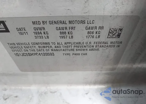 2012 Chevrolet Sonic 2Lt z USA, uszkodzony, nr VIN 1G1JC5SH2C4120593